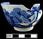 Pearlware common shape cup printed underglaze in medium blue.  Matching pearlware saucers.  Four matching saucers and two matching cups in assemblage.  3.75” cup rim diameter, 2.5” cup vessel height. 5.5” saucer rim diameter, 1” saucer vessel height.